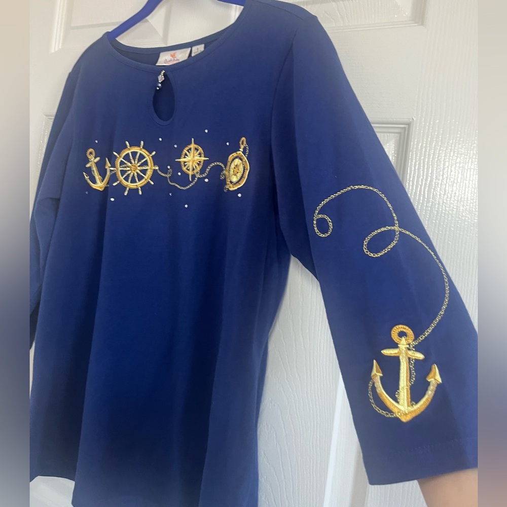 QuackerFactory Long Sleeve Navy Blue Celestial Embroidered Gold Anchor and Charm